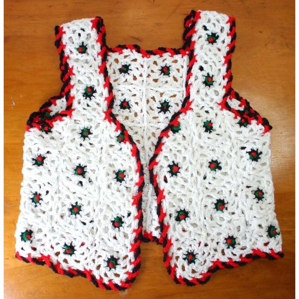 VTG Crochet Vest Granny Square White w/ Green & Red Accents - Look like Olives S